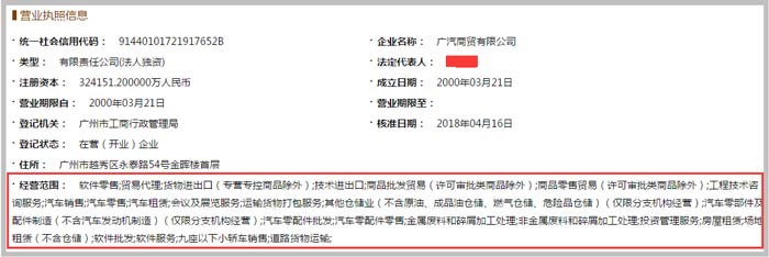 廣汽商貿(mào)公司營(yíng)業(yè)范圍截圖